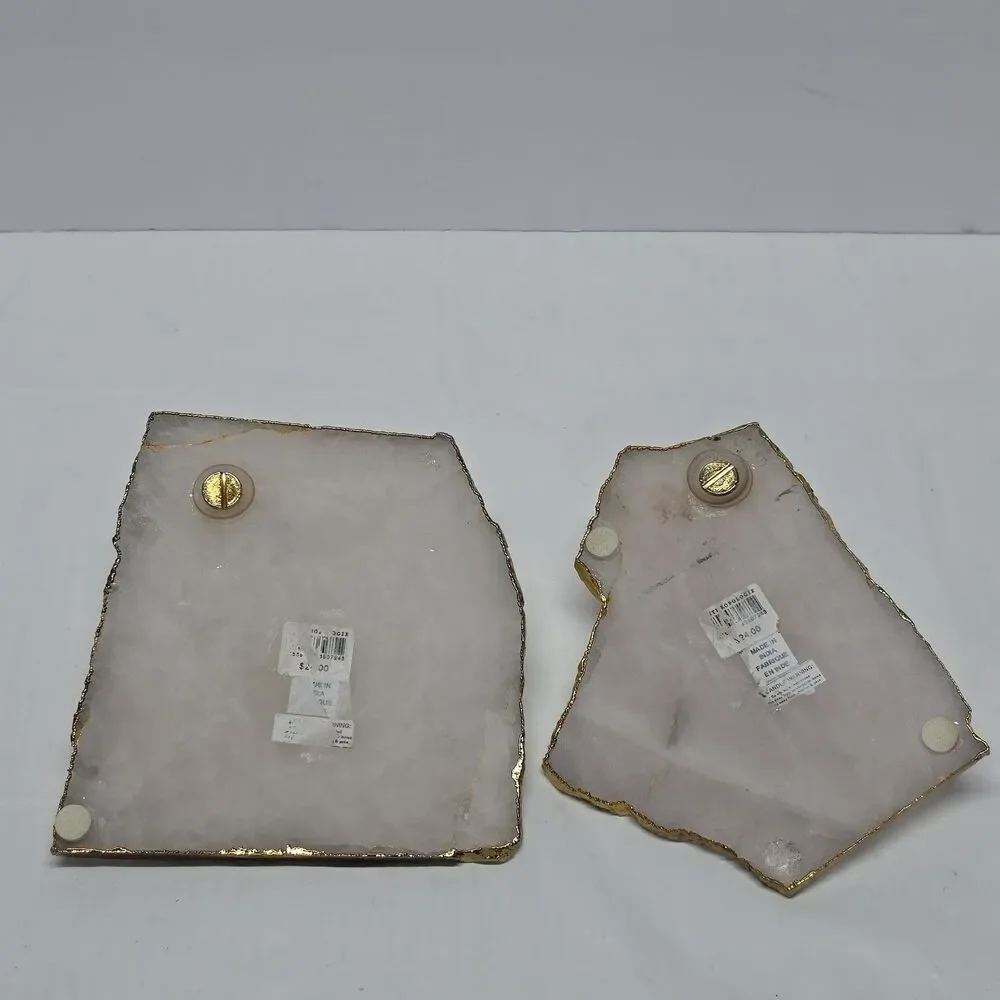 Pair Anthropologie Agate Natural Stone Gilded Gold Edge Candle Holders Boho